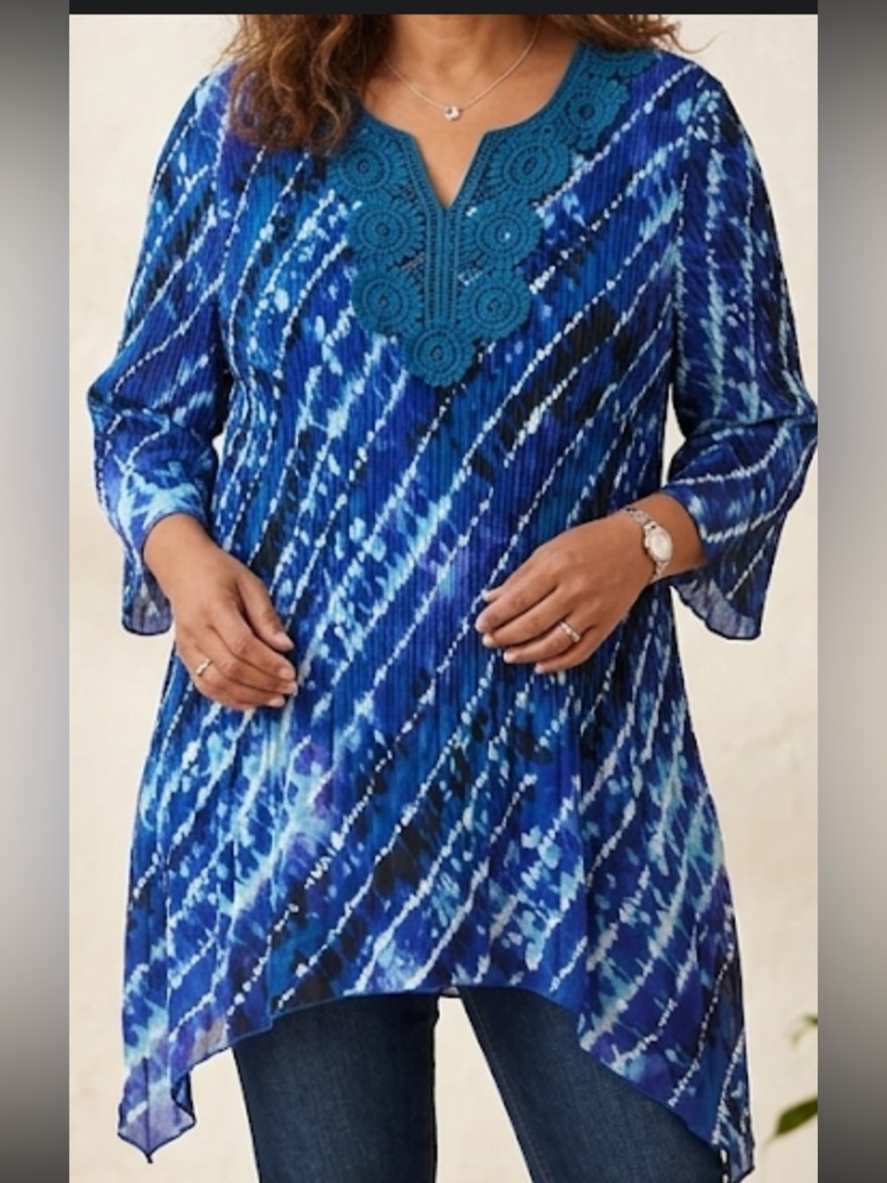 Catherines Blue Tie-Dye V-Notch Crochet Tunic Plus Size 1X
